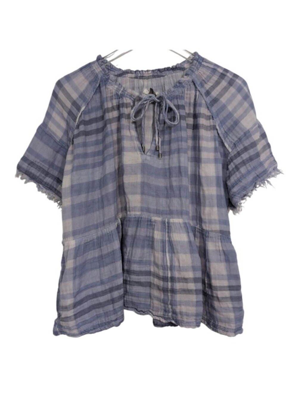 Pilcro Plaid Babydoll Blouse Womens Size Large Blue Gauze Peplum Oversized